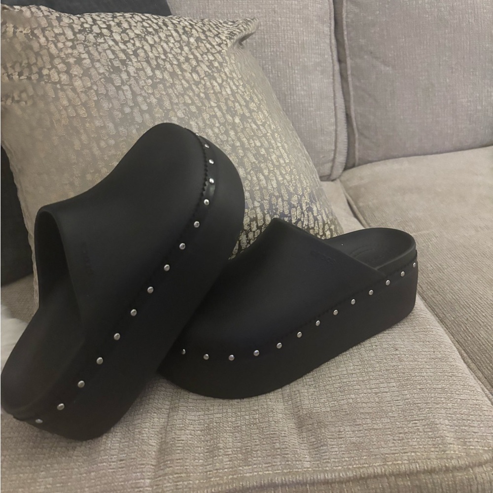 CROCS Black Platform Mules with Silver Studs